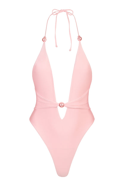 Halterneck Thong Swimsuit in Baby Pink