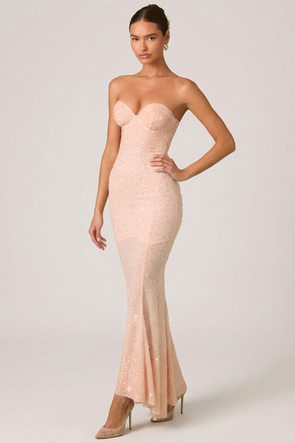 Embellished Sweetheart-Neck Fishtail Gown in Dusty Rose