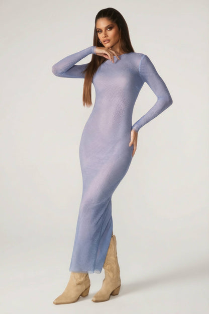 Embellished Long Sleeve Maxi Dress in Blue