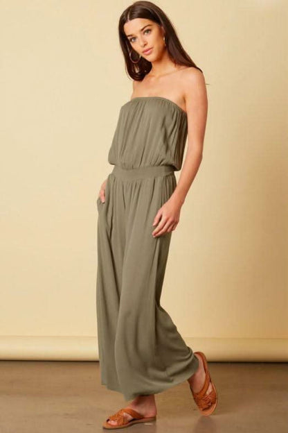 Keli Olive Strapless Wide Leg Jumpsuit