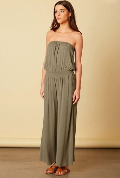 Keli Olive Strapless Wide Leg Jumpsuit