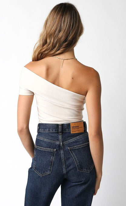 Paris Cream Off Shoulder Asymmetric Bodysuit