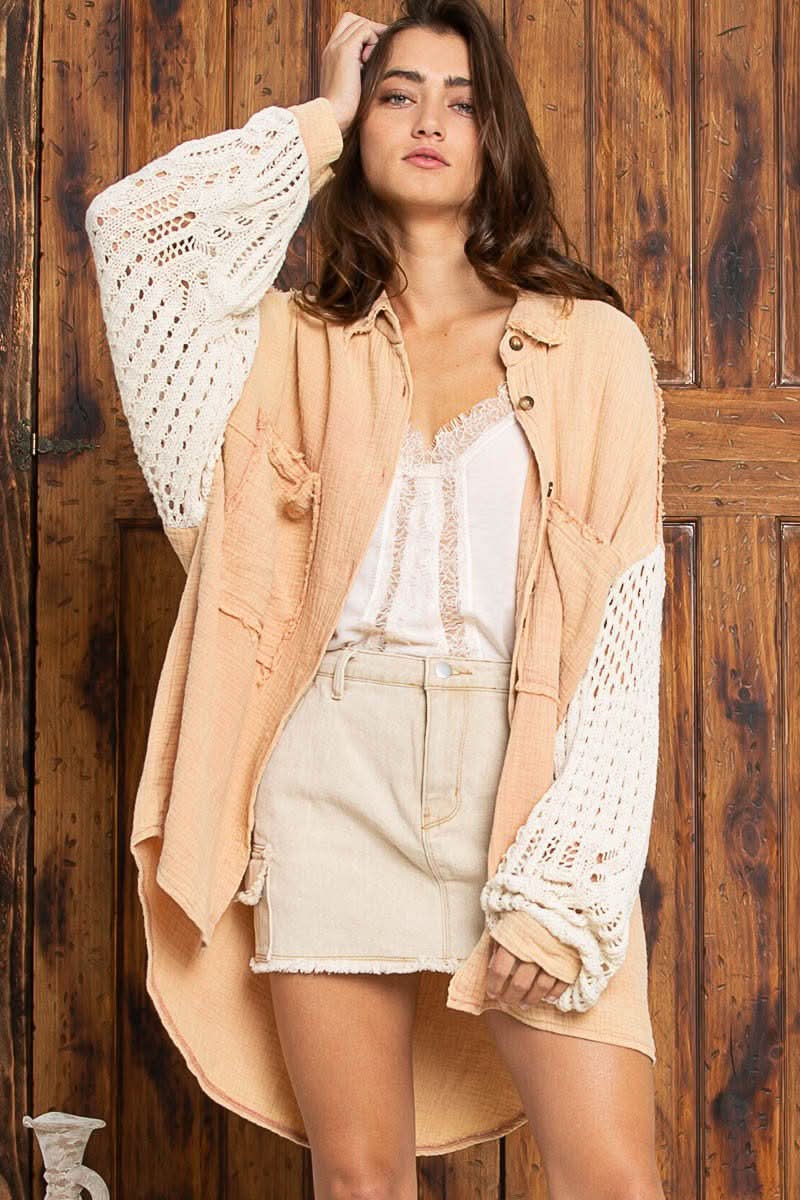 Lesley Dusty Peach Crochet Sleeve Shacket