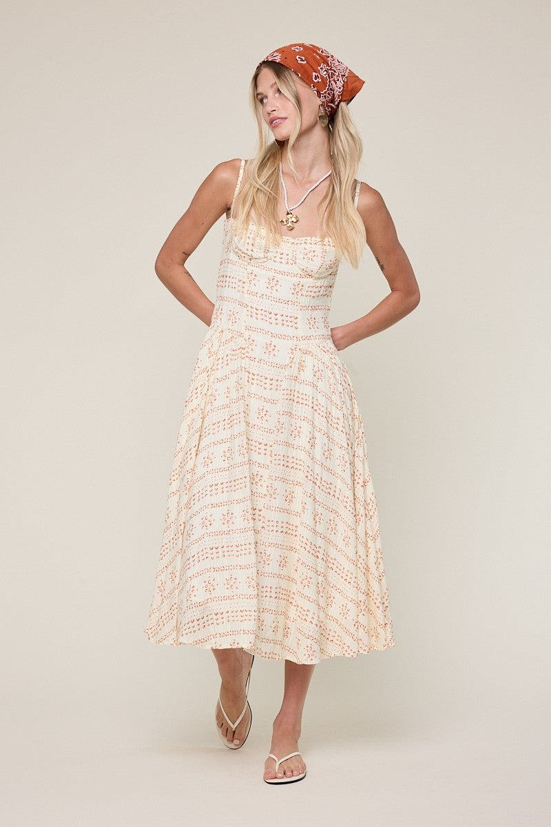 Phia Orange Boho Print Corset Midi Dress