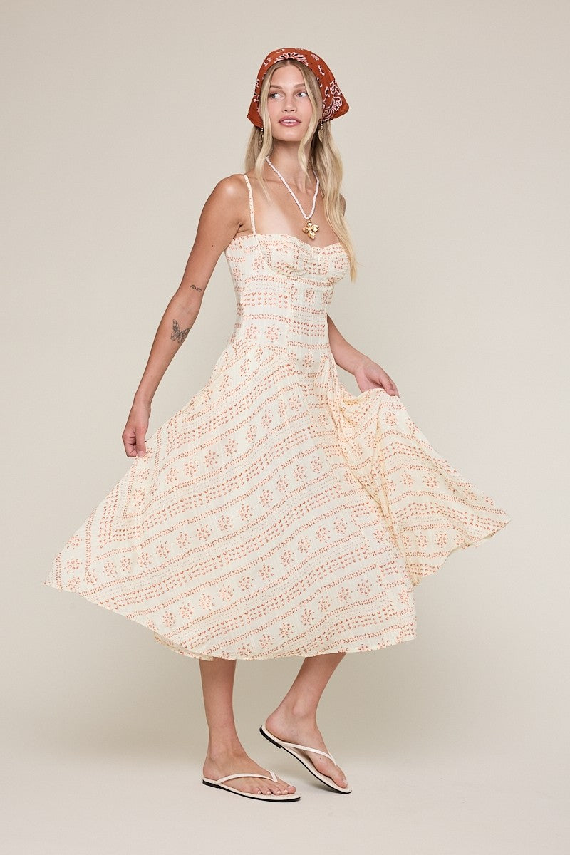 Phia Orange Boho Print Corset Midi Dress