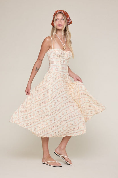Phia Orange Boho Print Corset Midi Dress