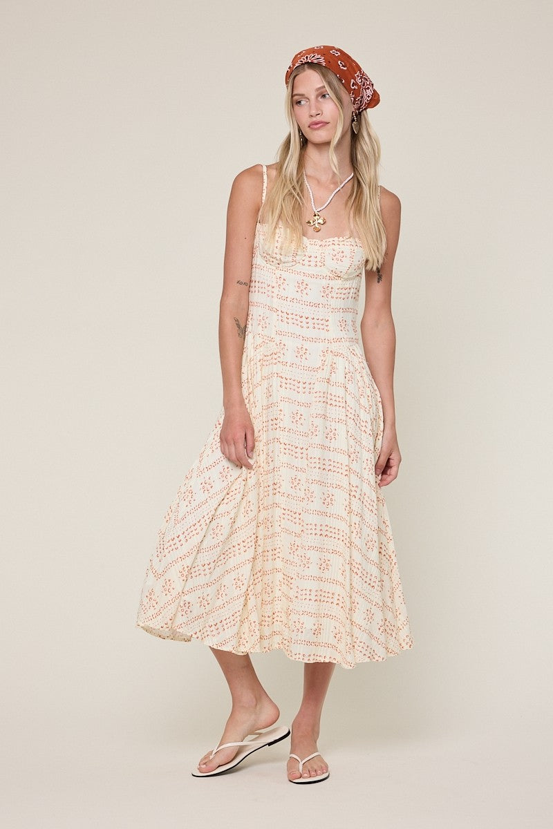 Phia Orange Boho Print Corset Midi Dress