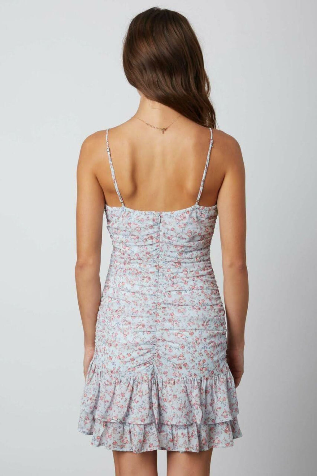 Dana Sky Blue Floral Ruched Ruffle Cami Mini Dress