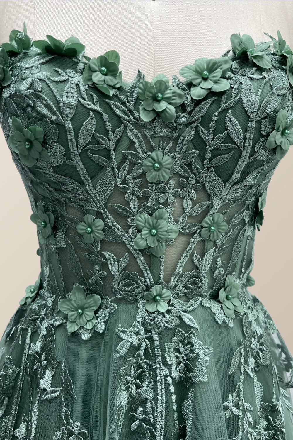 Green Floral Embroidery Strapless A-line Formal Dress