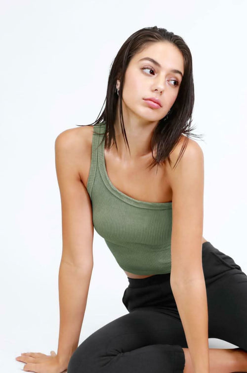 NIKIBIKI Vintage Sage Cropped One Shoulder Ribbed Tank