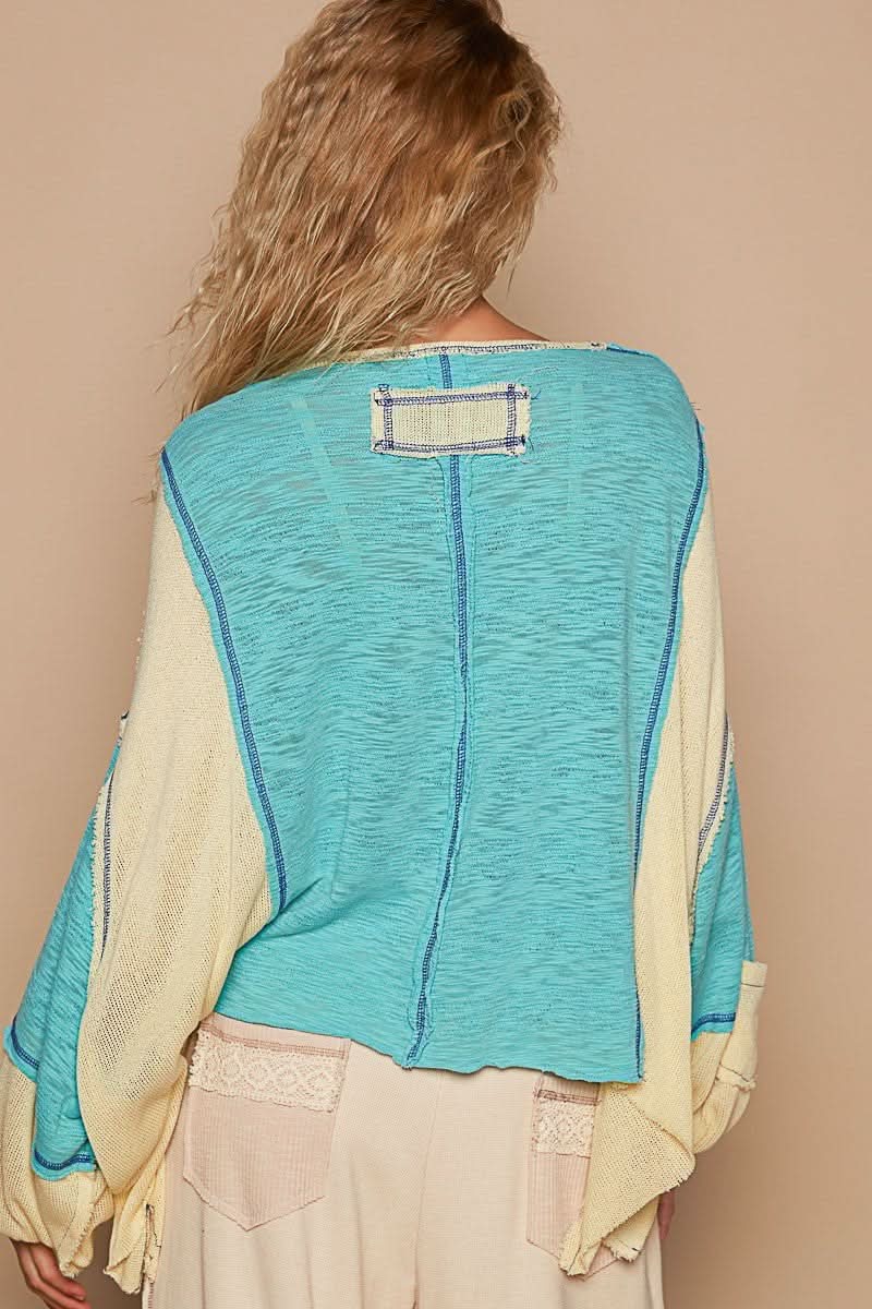 Kelsey Aqua and Yellow Oversized V Neck Top