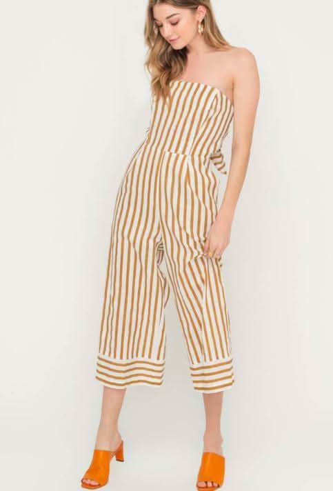 Molly Tan Striped Strapless Midi Jumpsuit