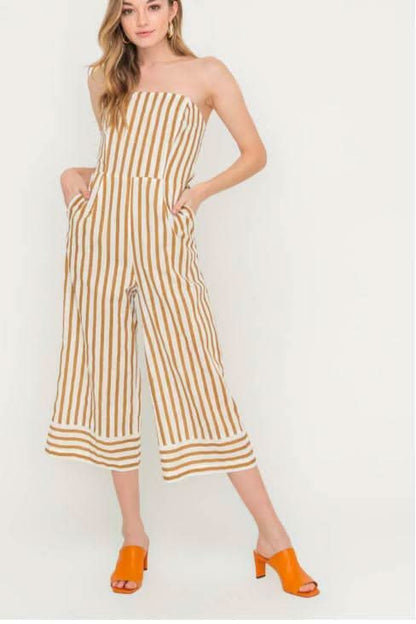 Molly Tan Striped Strapless Midi Jumpsuit