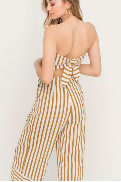 Molly Tan Striped Strapless Midi Jumpsuit