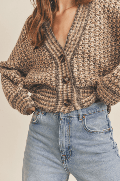 Dimitra Taupe Multi Knit Puff Sleeve Cardigan