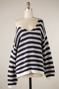 Lia Denim Stripe Oversized V-Neck Sweater Top