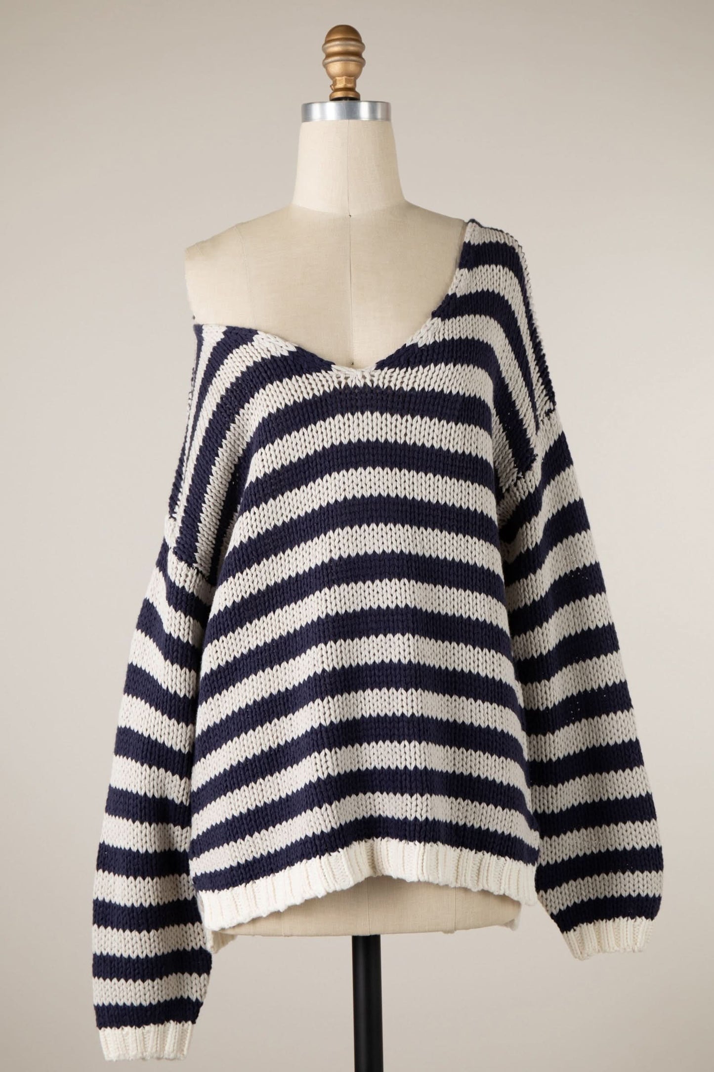 Lia Denim Stripe Oversized V-Neck Sweater Top