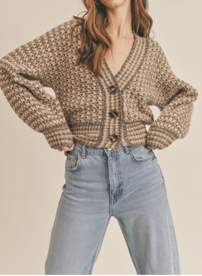 Dimitra Taupe Multi Knit Puff Sleeve Cardigan