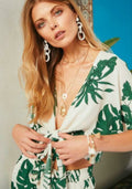 Emma Cream Palm Print Tie-Front Crop Top