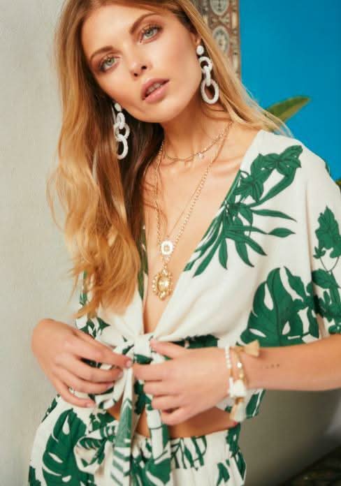 Emma Cream Palm Print Tie-Front Crop Top