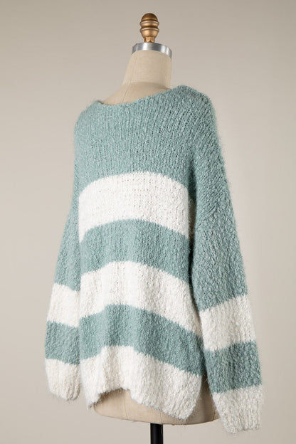 Gwyneth Mint Striped V Neck Pullover