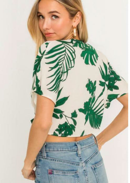 Emma Cream Palm Print Tie-Front Crop Top