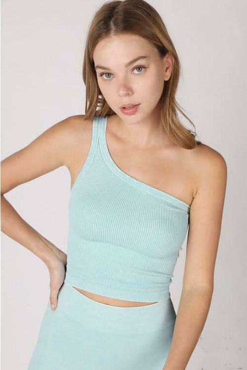 NIKIBIKI Vintage Aqua Cropped One Shoulder Ribbed Tank