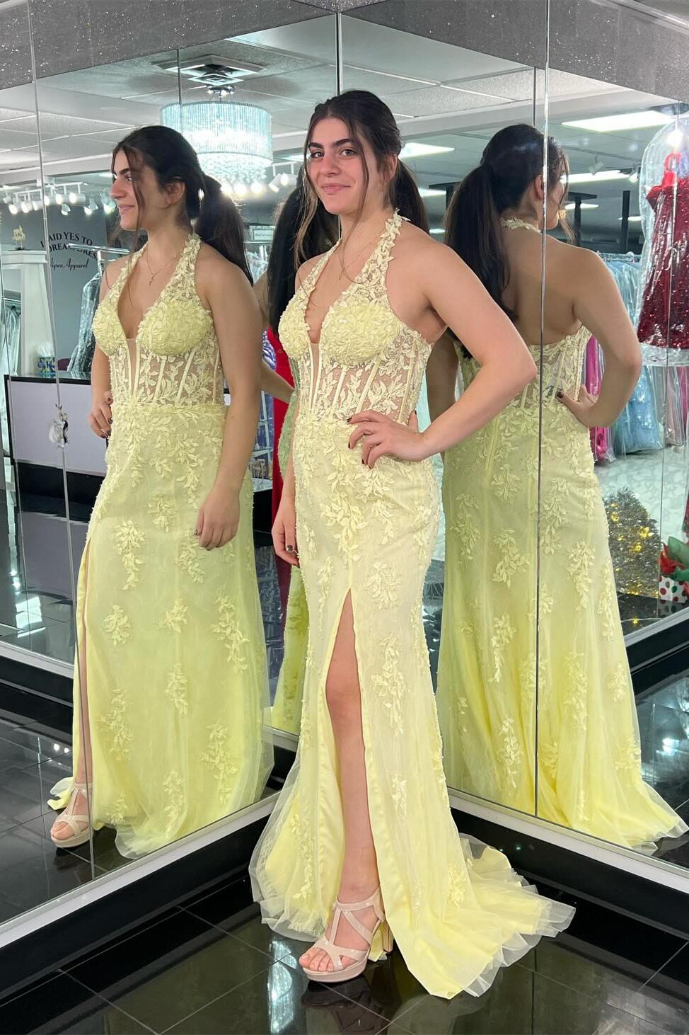 Halter Hot Pink Lace Mermaid Prom Dress