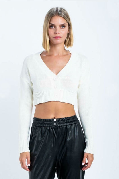 Melanie White Knit Button-Up Cropped Cardigan
