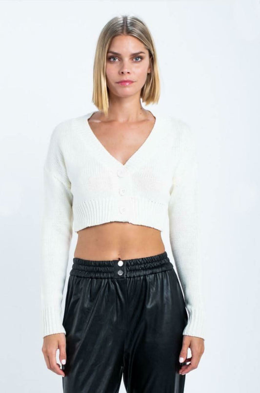 Melanie White Knit Button-Up Cropped Cardigan