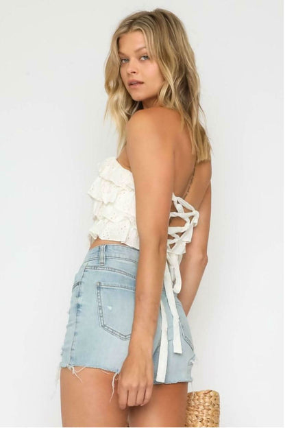 Molly White Eyelet Ruffle Tiered Strapless Crop Top