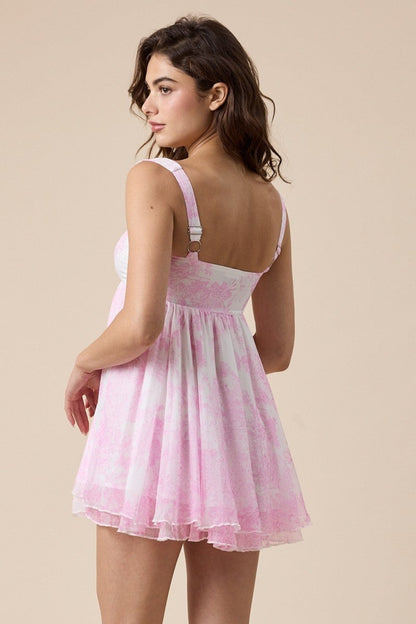Layla White & Pink Floral Toile Babydoll Mini Dress