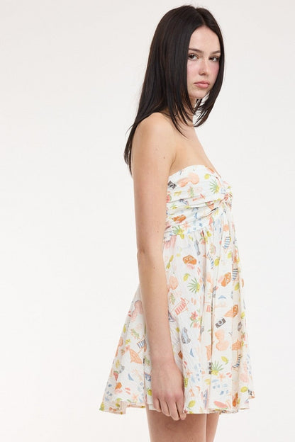 Colette White Vacation Print Strapless Babydoll Dress