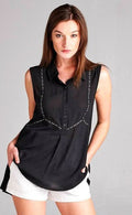 Heather Black Button Front Sleeveless Collared Shirt